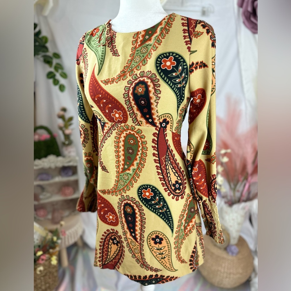 Zara Trafaluc Long Sleeve Paisley Cut Out Back Mini Dress. Size Small 033